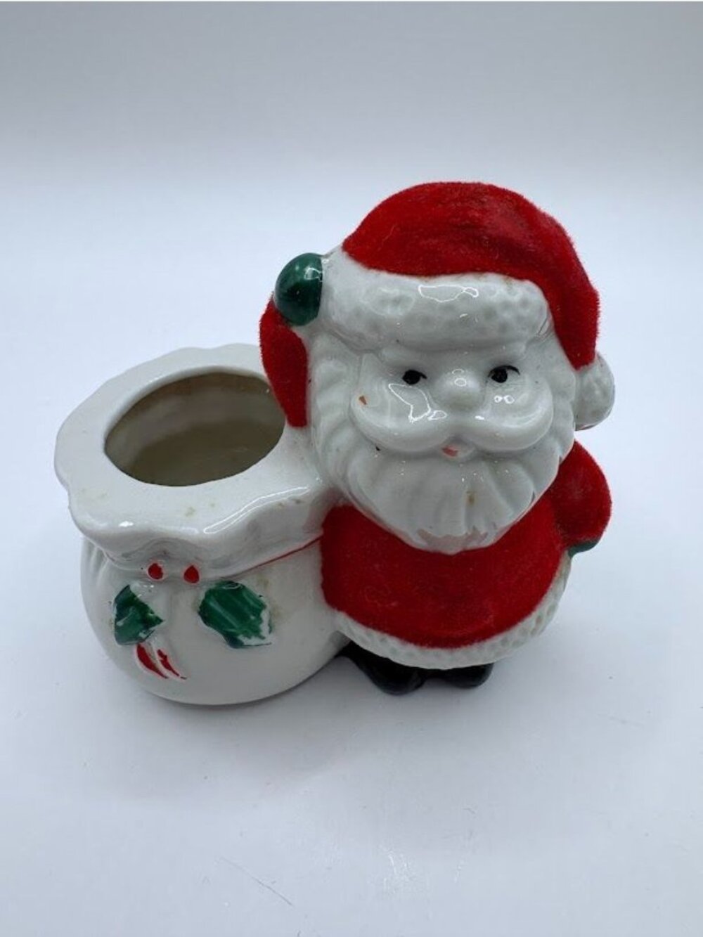 Vintage Flocked Santa Claus Ceramic Planter Candle Holder 2 1/2" Tall